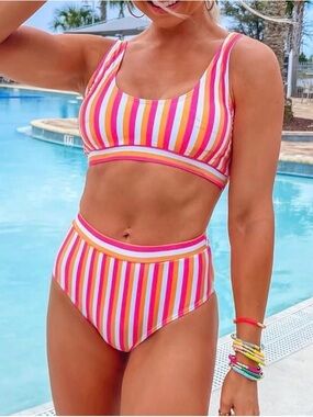 Pink Lily Striped Two-Piece Bikini in Pink, Yellow & White